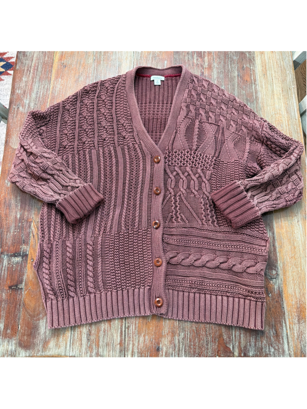 Sundance M Patchwork Mixed Cable Knit Cardigan Sweater Mauve Chunky Pockets